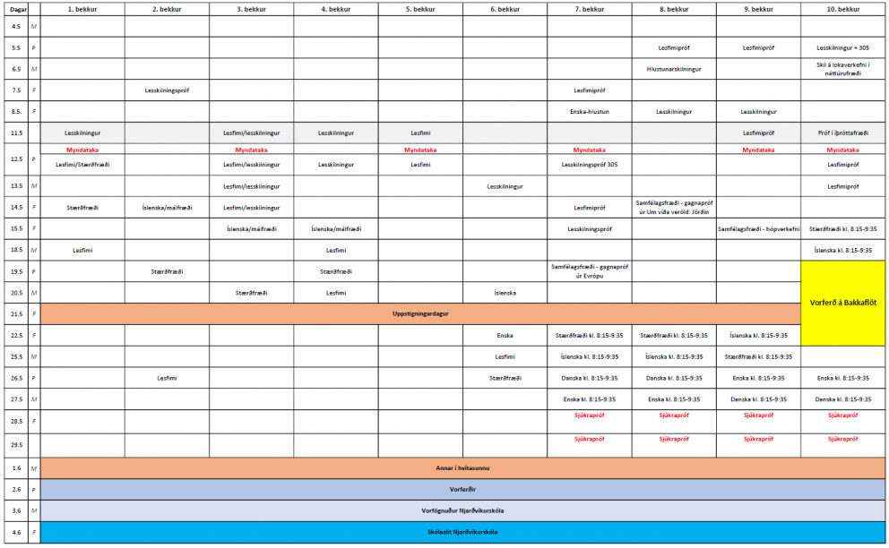 Próftafla fyrir 1.-10. bekk