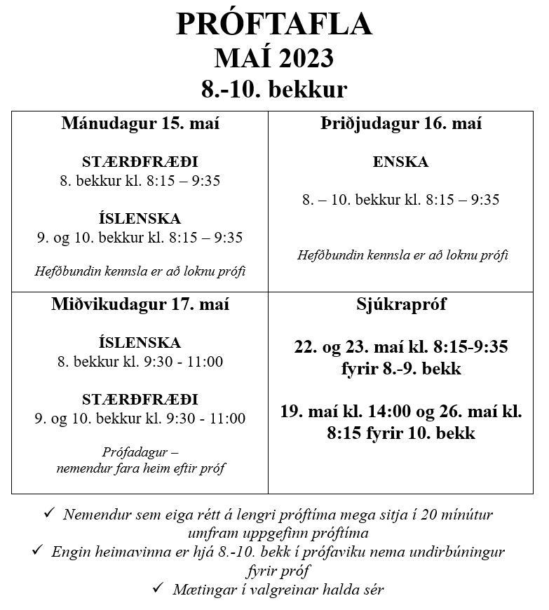 Próftafla fyrir 8.-10. bekk