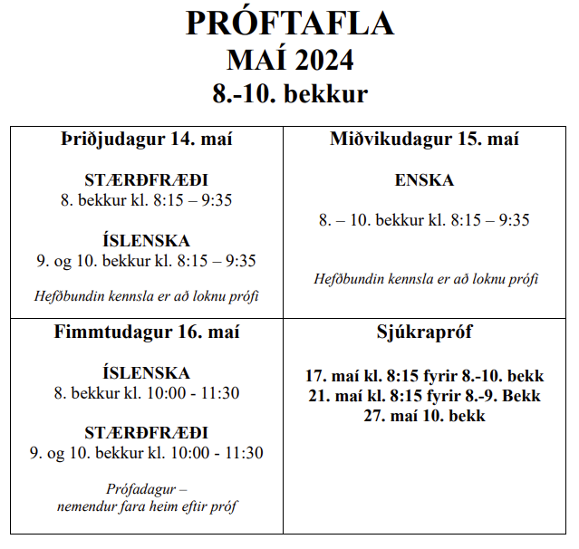 Próftafla fyrir 8.-10. bekk