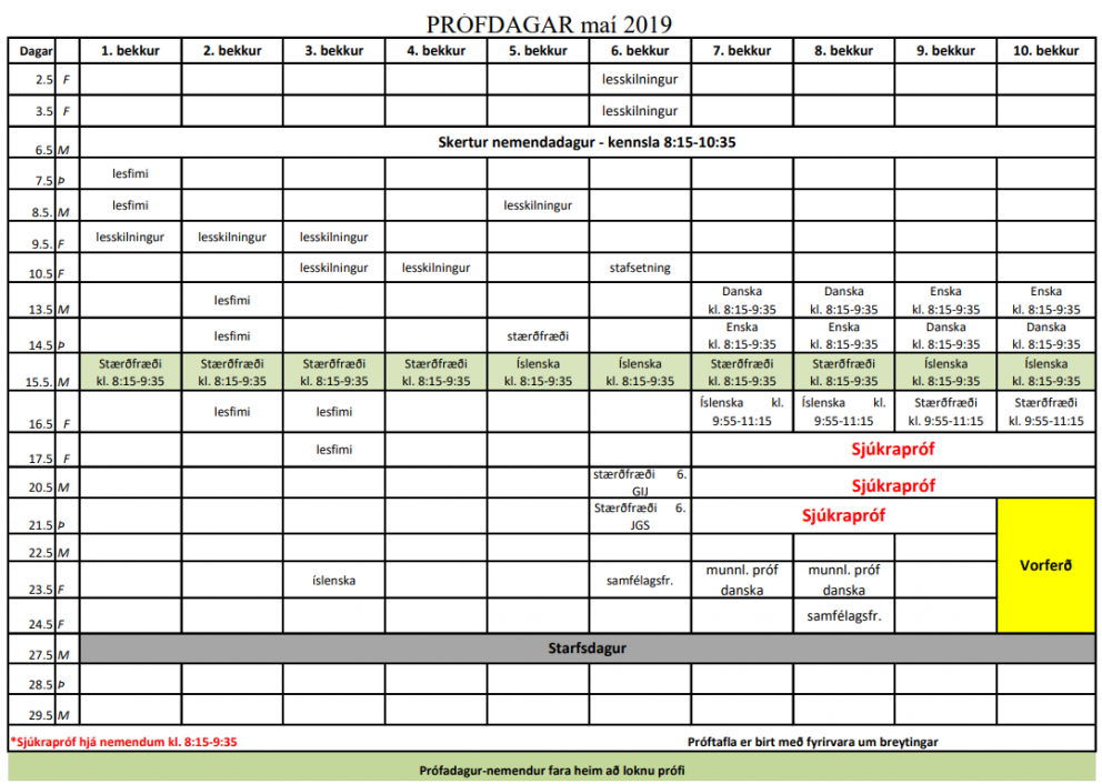 Próftafla fyrir 1.-10. bekk