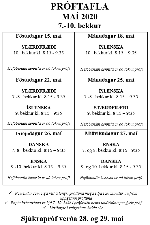 Próftafla fyrir 7.-10. bekk