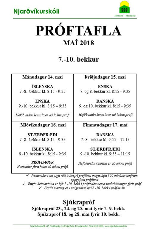 Próftafla fyrir 7.-10. bekk