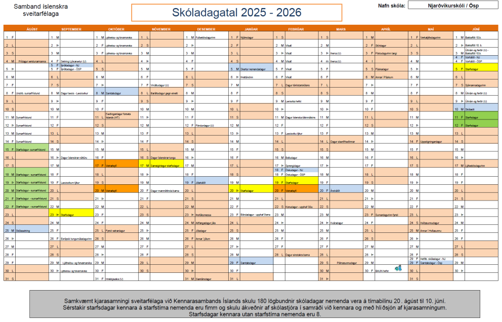 Skóladagatal fyrir Njarðvíkurskóla og Ösp