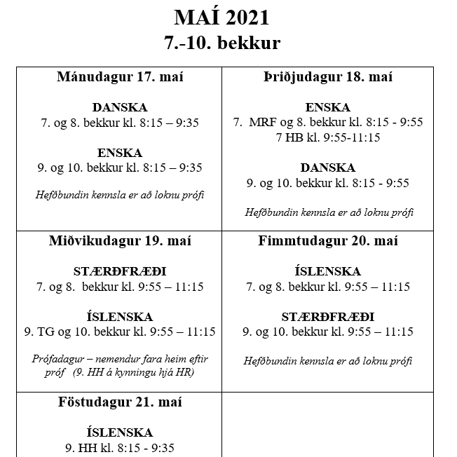 Próftafla fyrir 7.-10. bekk