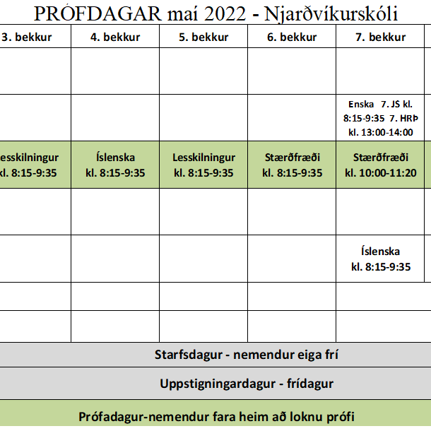 Próftafla fyrir 1.-10. bekk vorið 2022