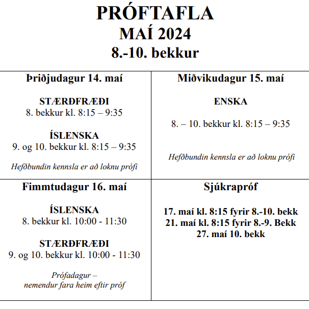 Próftafla fyrir 8.-10. bekk