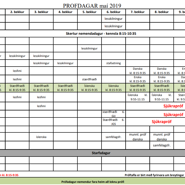 Próftafla fyrir 1.-10. bekk