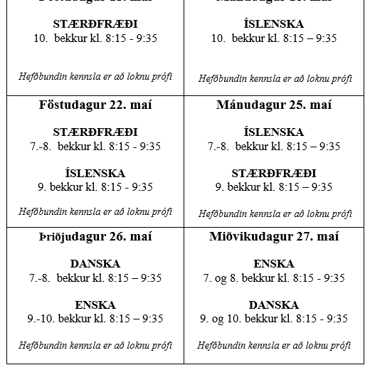 Próftafla fyrir 7.-10. bekk