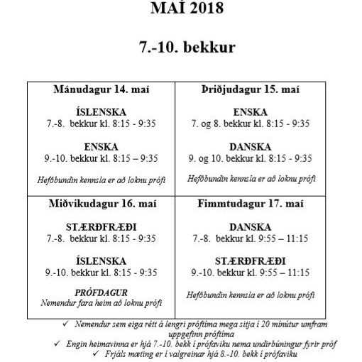 Próftafla fyrir 7.-10. bekk