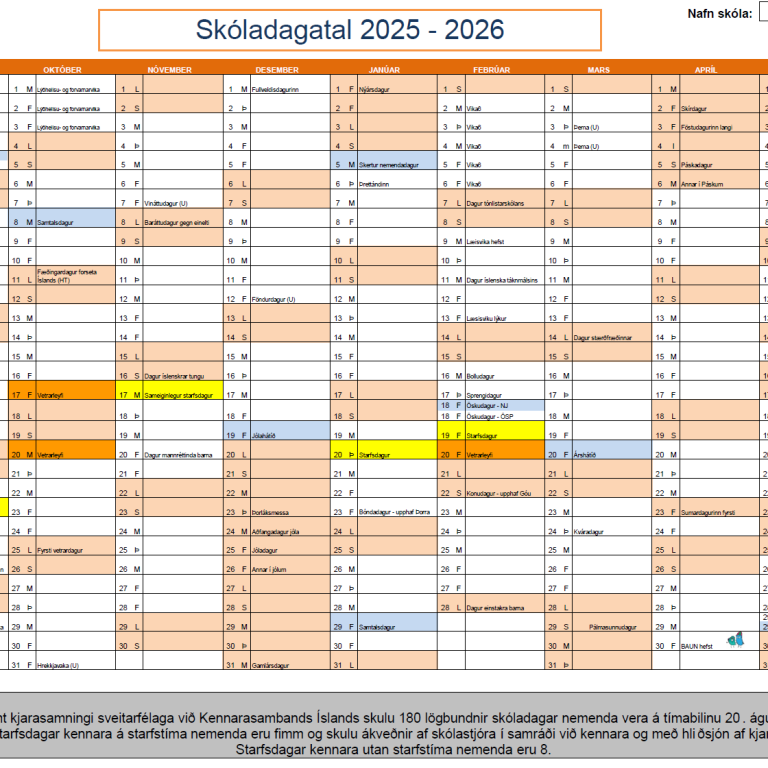 Skóladagatal fyrir Njarðvíkurskóla og Ösp
